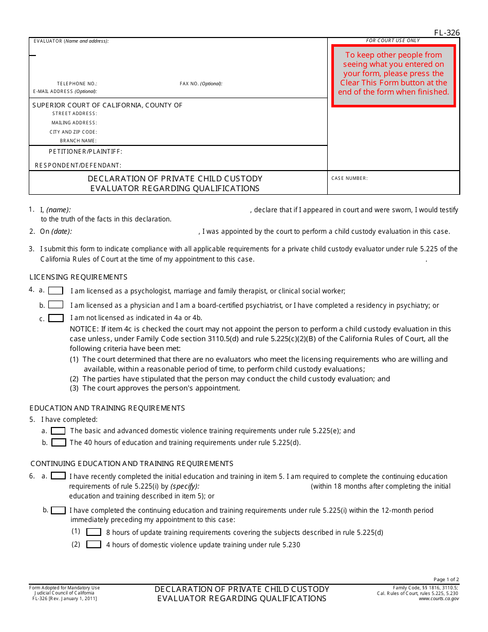 Form FL-326 Declaration of Private Child Custody Evaluator Regarding Qualifications - California, Page 1