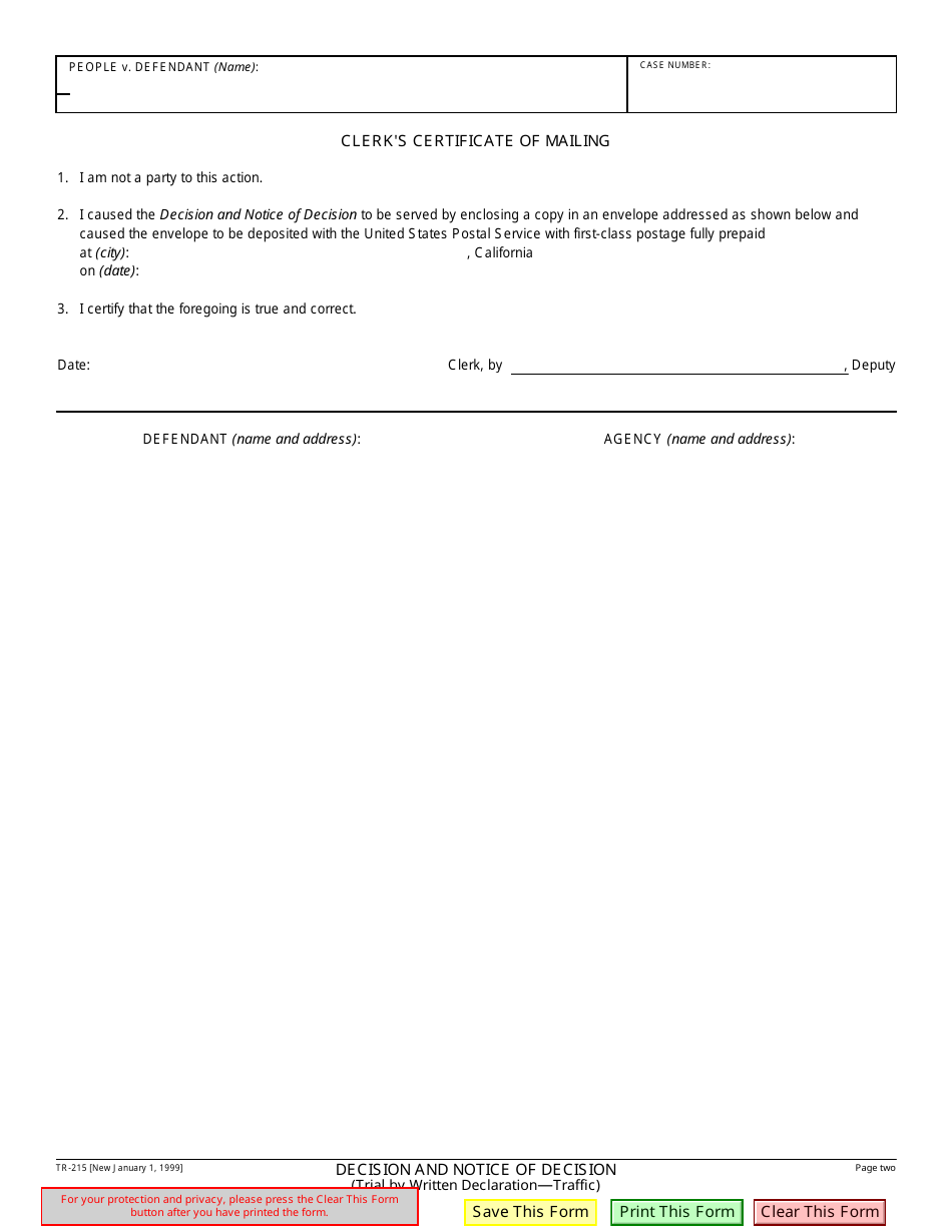 Form TR-215 Decision and Notice of Decision - California, Page 2