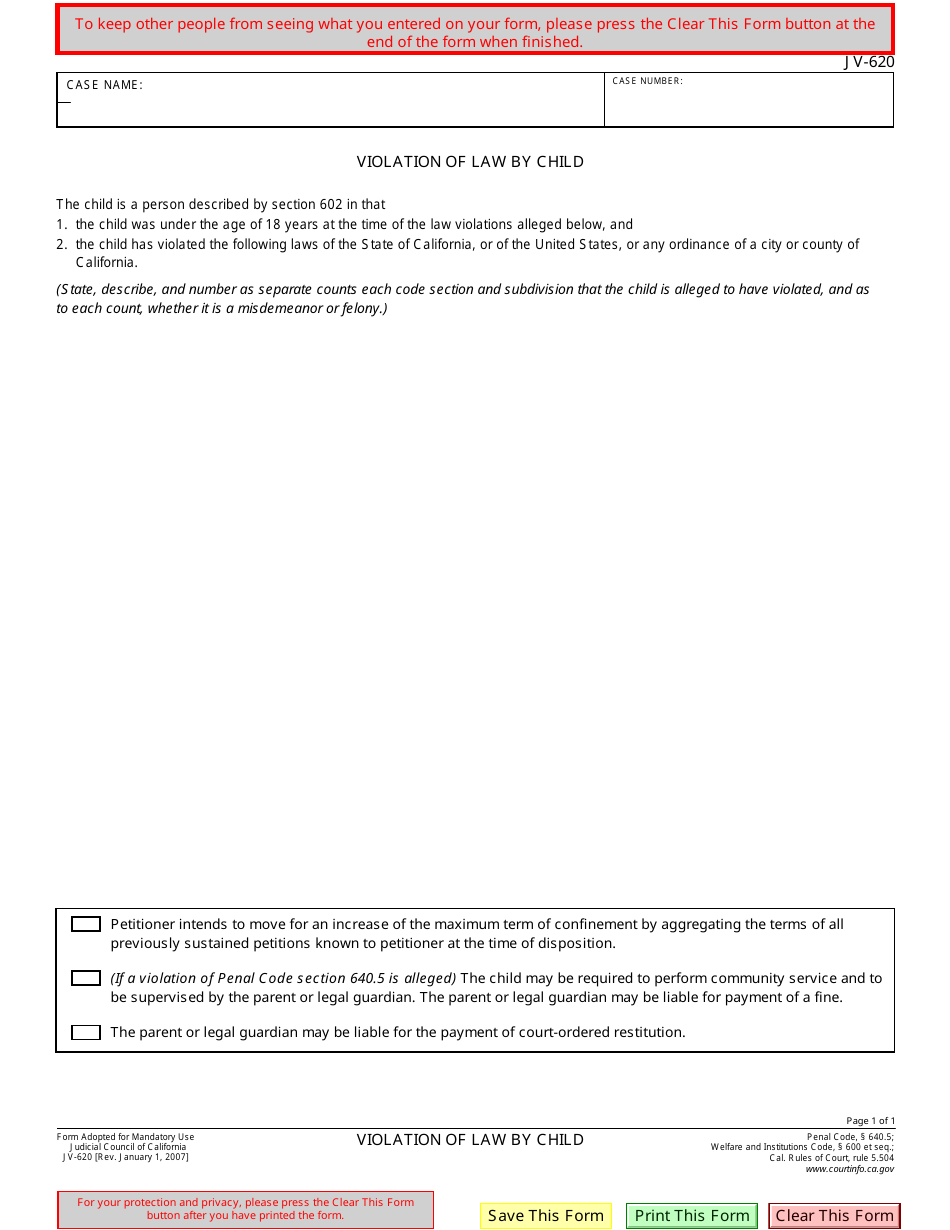 Form JV-620 Violation of Law by Child - California, Page 1