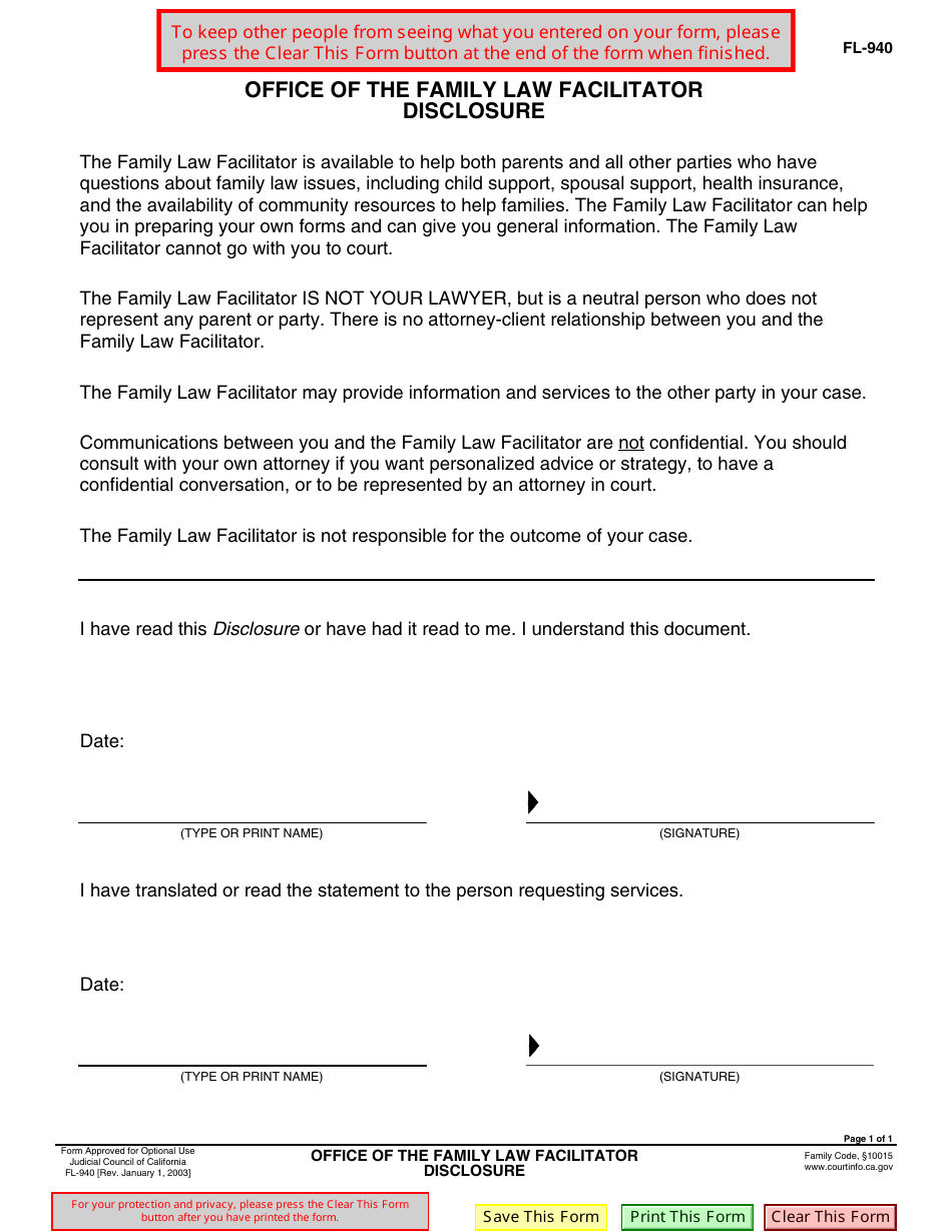 Form FL-940 Office of the Family Law Facilitator Disclosure - California, Page 1