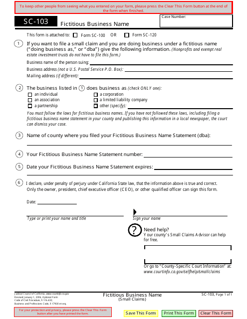 Form SC-103  Printable Pdf