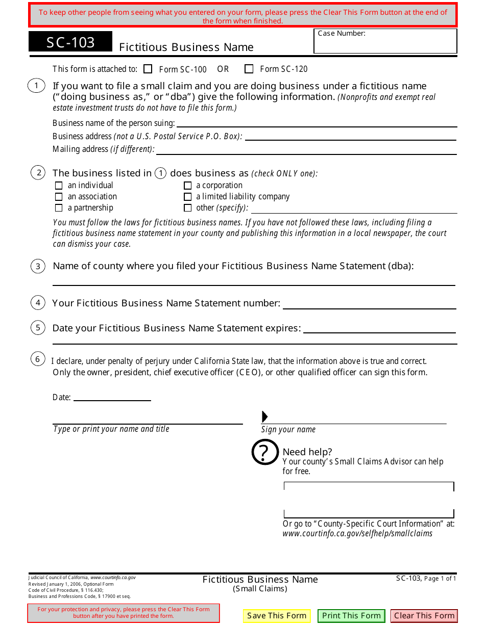 Form SC-103 Fictitious Business Name - California, Page 1
