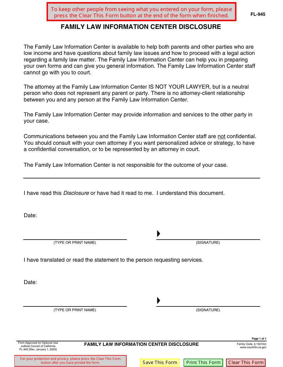 Form FL-945 Family Law Information Center Disclosure - California, Page 1