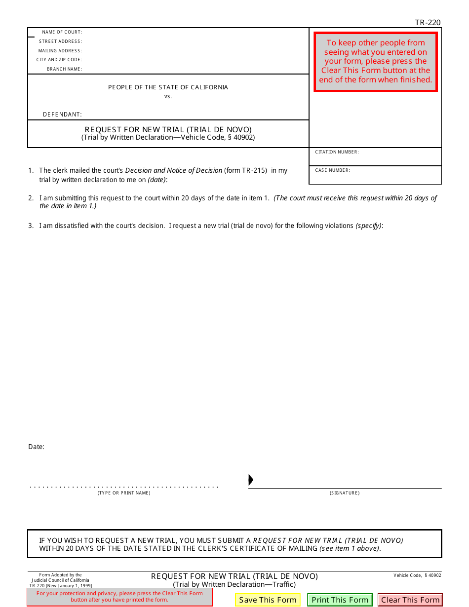 Form TR-220 Request for New Trial (Trial De Novo) - California, Page 1