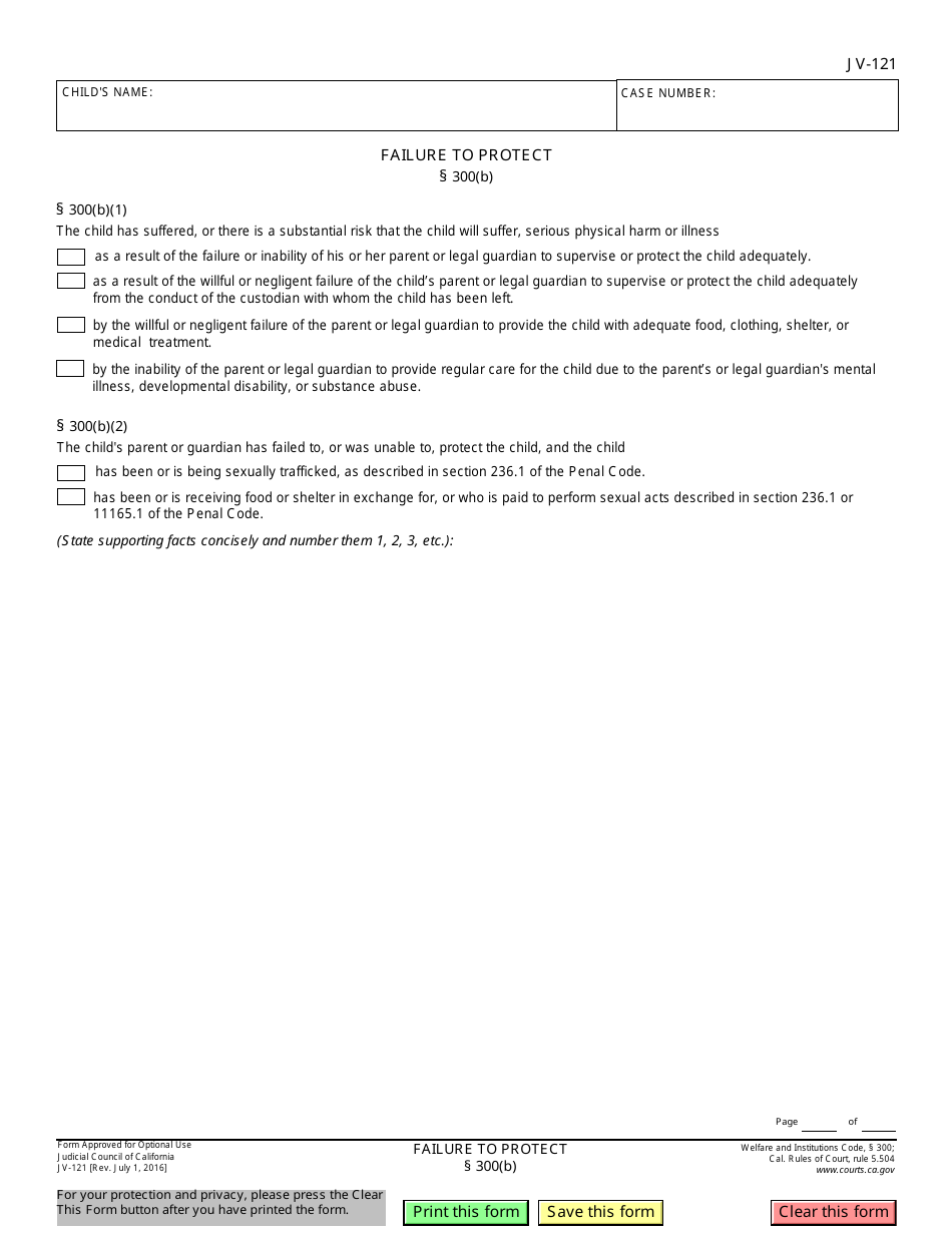 Form JV-121 Failure to Protect - California, Page 1