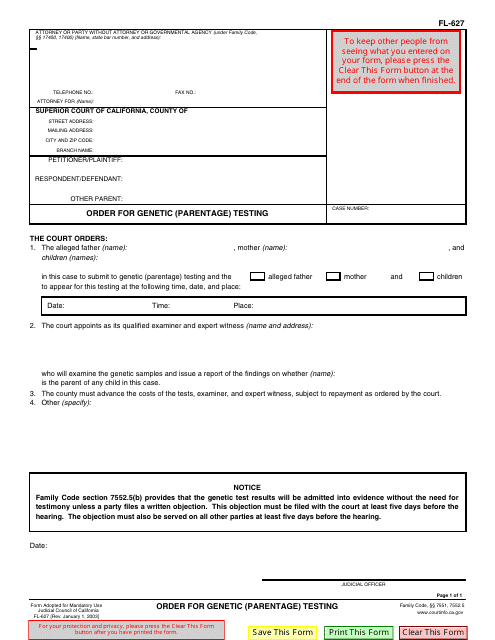 Form FL-627 Order for Genetic (Parentage) Testing - California