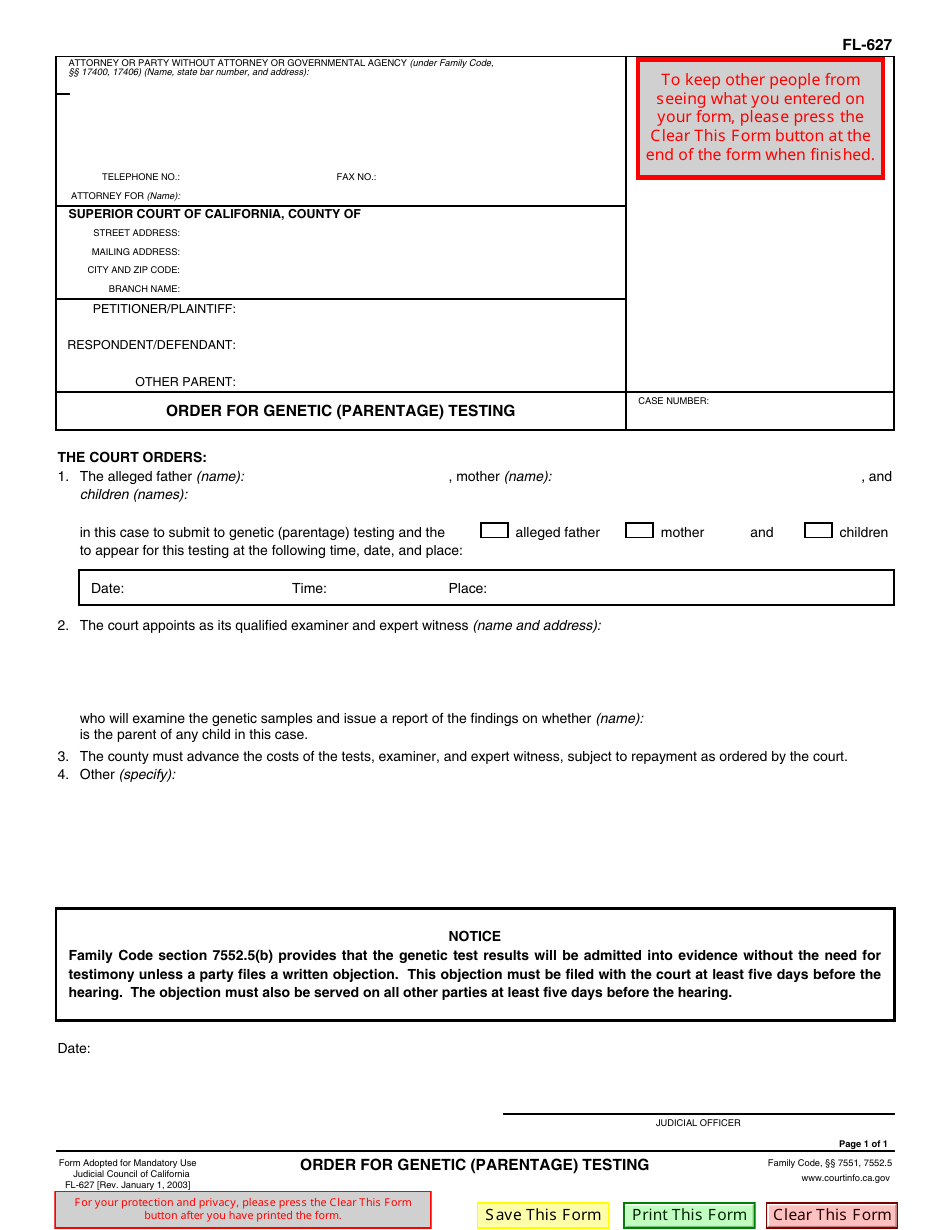 Form FL-627 Order for Genetic (Parentage) Testing - California, Page 1