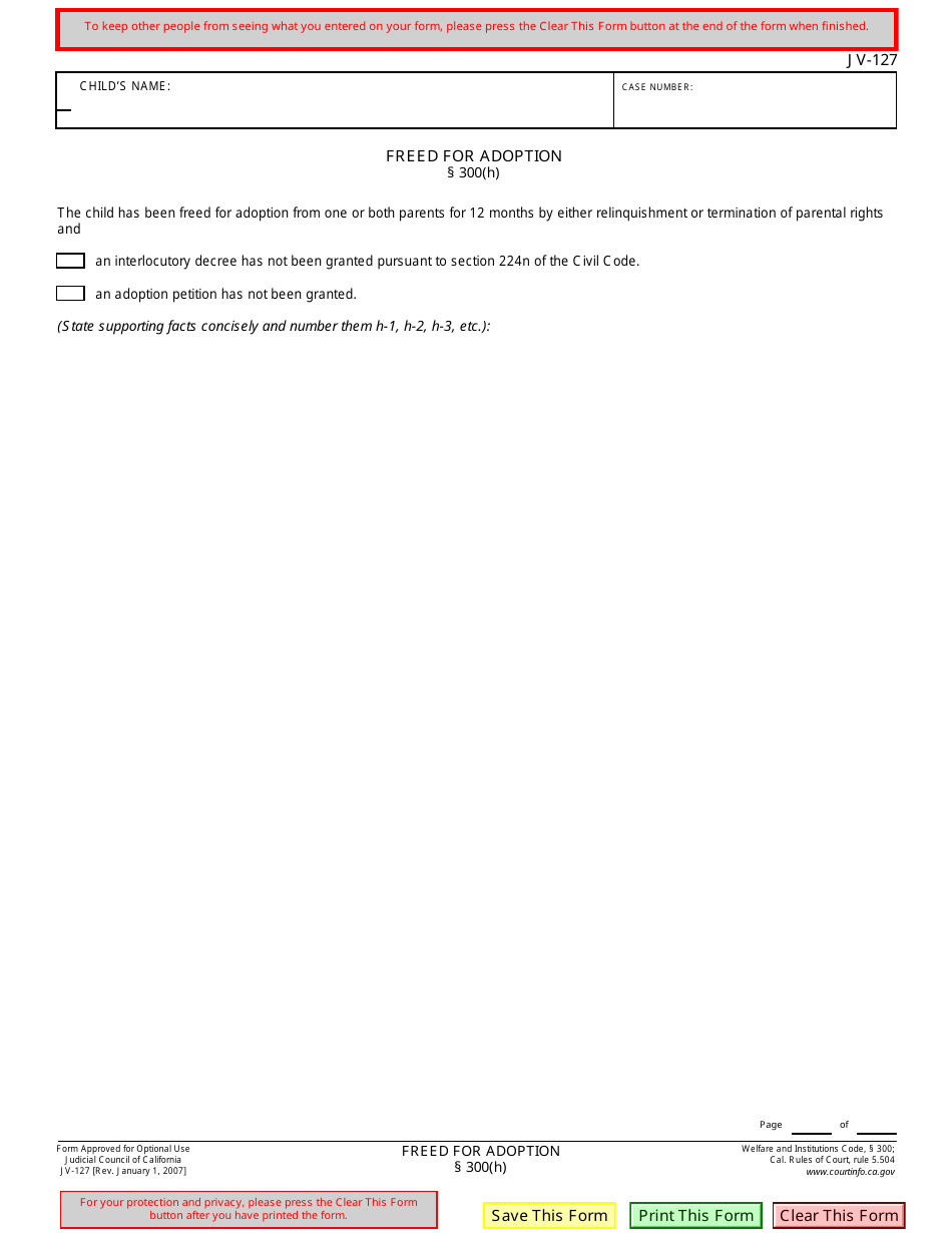 Form JV-127 Freed for Adoption - California, Page 1