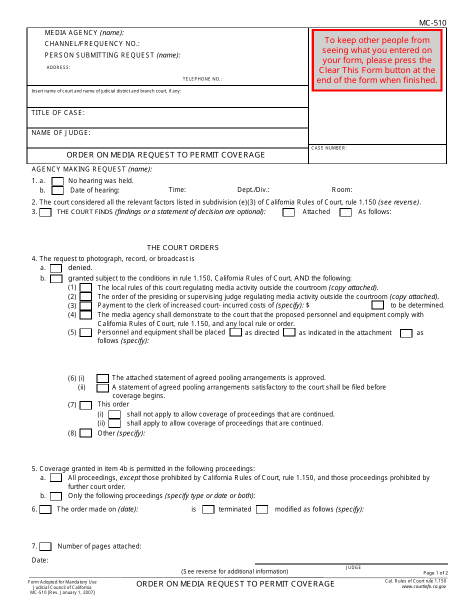 Form MC-510 Order on Media Request to Permit Coverage - California, Page 1