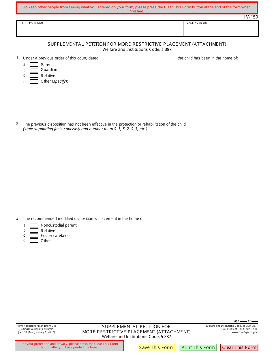 Form JV-150 Supplemental Petition for More Restrictive Placement (Attachment) - California, Page 1