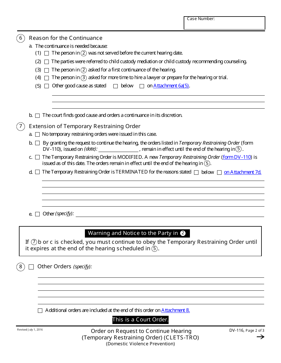Form DV-116 Order on Request to Continue Hearing - California, Page 2