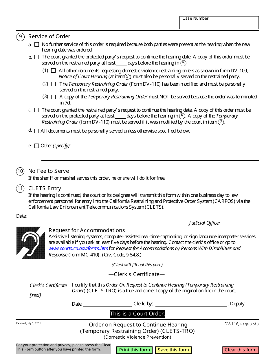 Form DV-116 Order on Request to Continue Hearing - California, Page 3