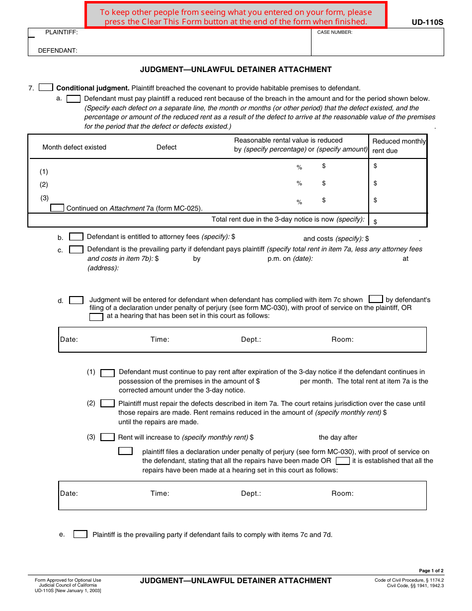 Form UD-110S Judgment - Unlawful Detainer Attachment - California, Page 1