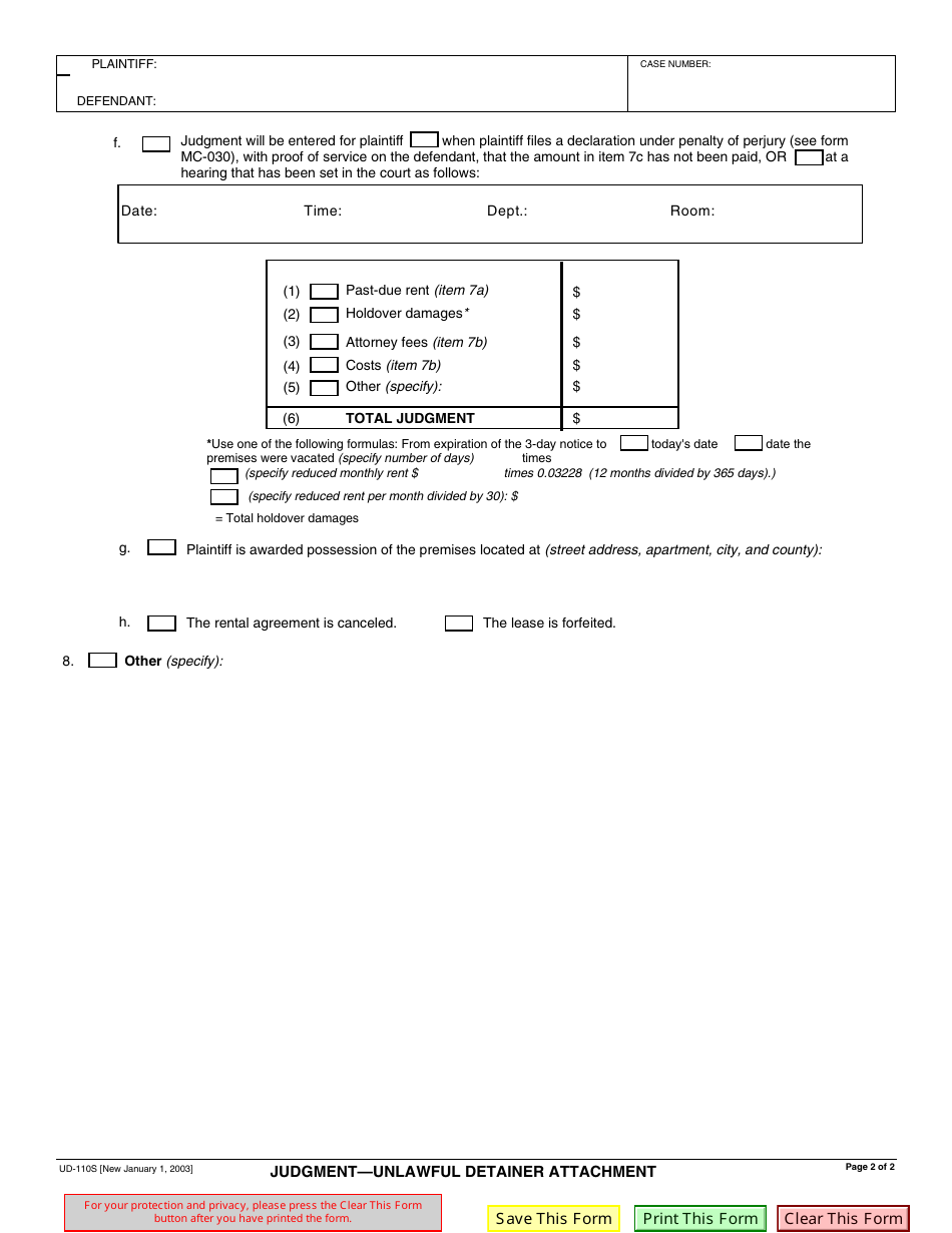 Form UD-110S Judgment - Unlawful Detainer Attachment - California, Page 2
