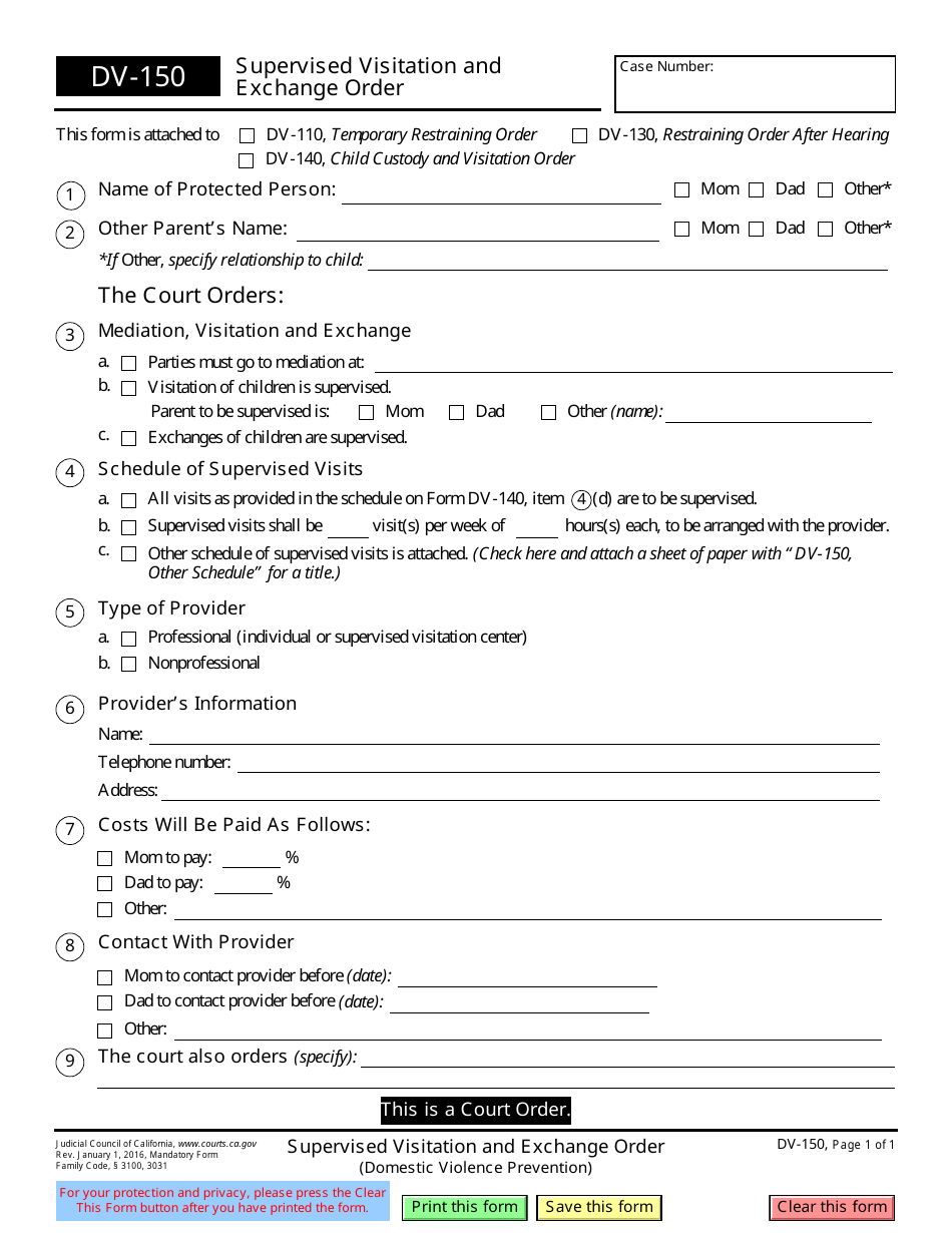 Form DV-150 Supervised Visitation and Exchange Order - California, Page 1