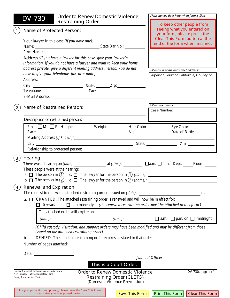 Form DV-730 Order to Renew Domestic Violence Restraining Order - California, Page 1