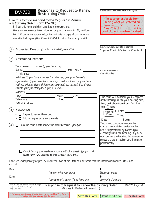 Form DV-720 Response to Request to Renew Restraining Order - California