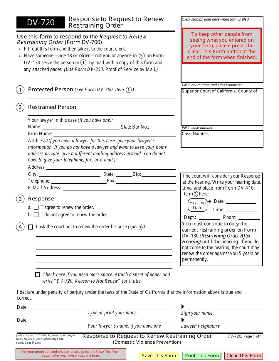Form DV-720 Response to Request to Renew Restraining Order - California, Page 1