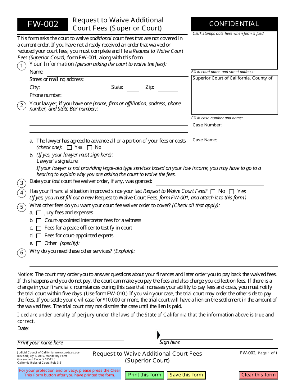 Form FW-002 Request to Waive Additional Court Fees (Superior Court) - California, Page 1