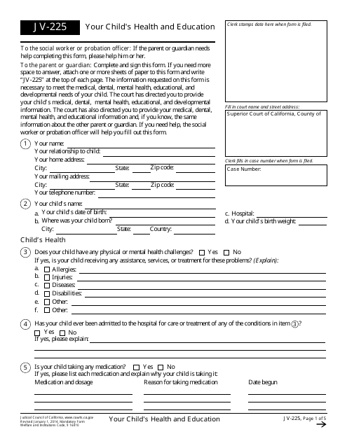 Form JV-225 Your Child's Health and Education - California