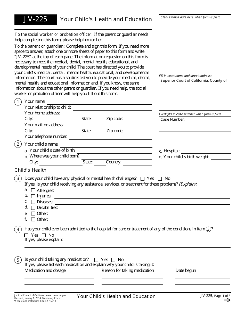 Form JV-225 Your Childs Health and Education - California, Page 1