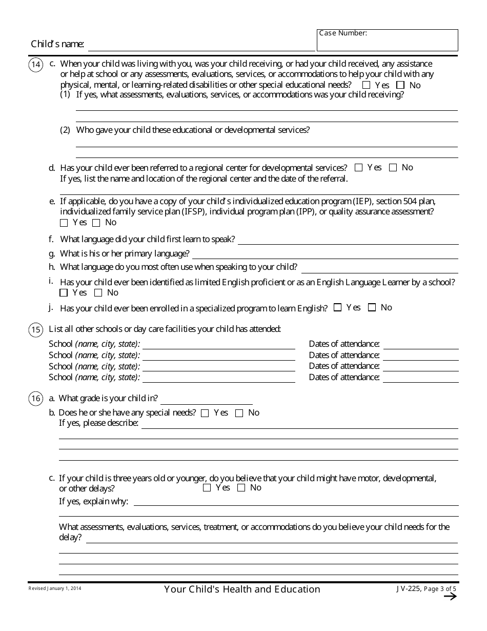 Form JV-225 Your Childs Health and Education - California, Page 3