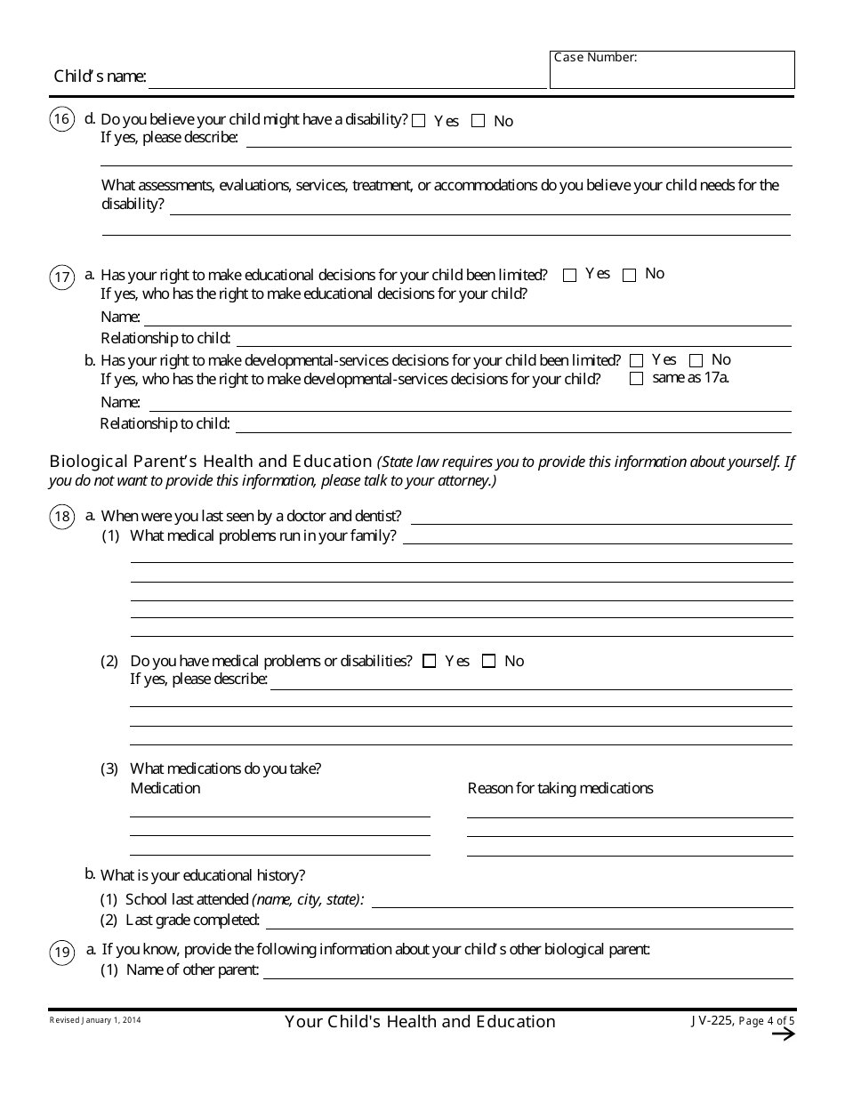 Form JV-225 Your Childs Health and Education - California, Page 4