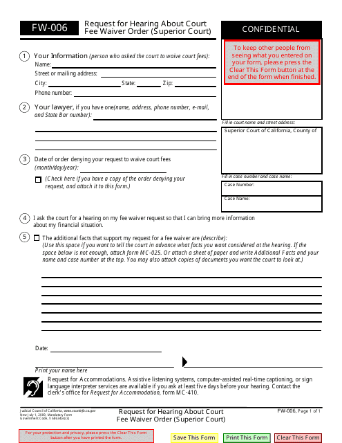 Form FW-006 Request for Hearing About Court Fee Waiver Order (Superior Court) - California