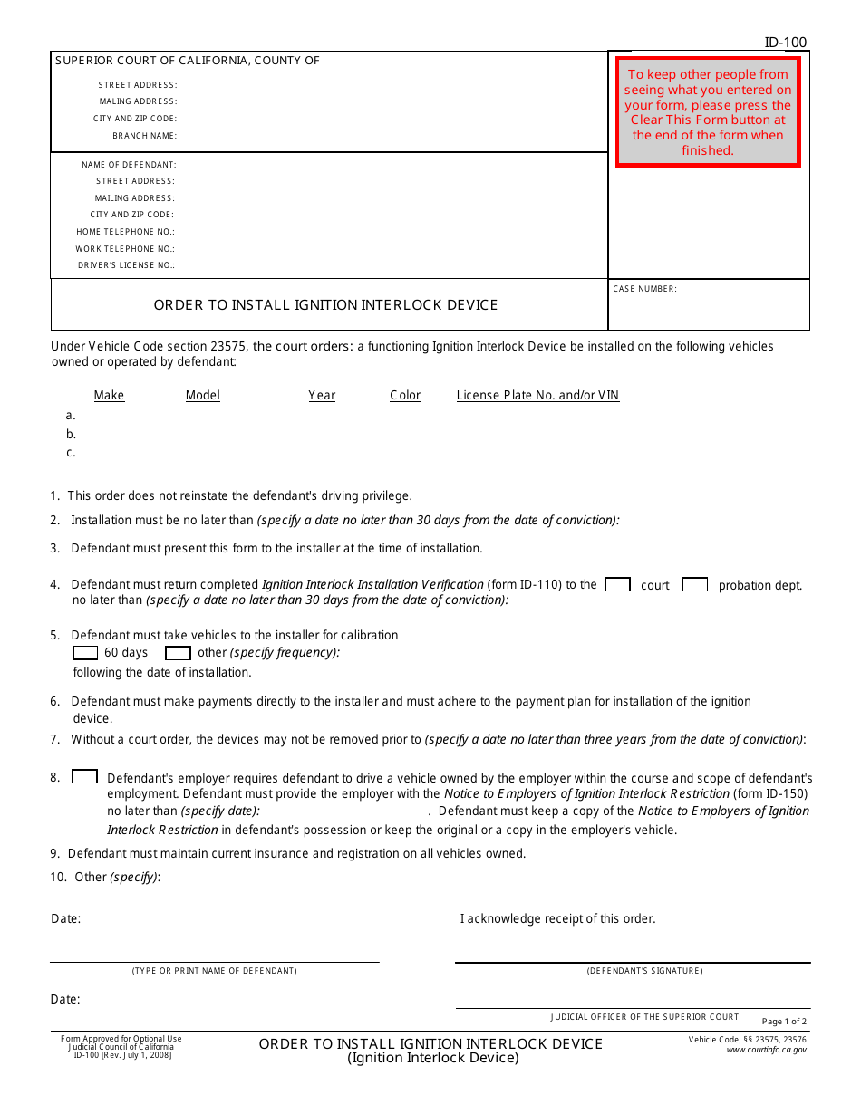 Form ID-100 Order to Install Ignition Interlock Device - California, Page 1