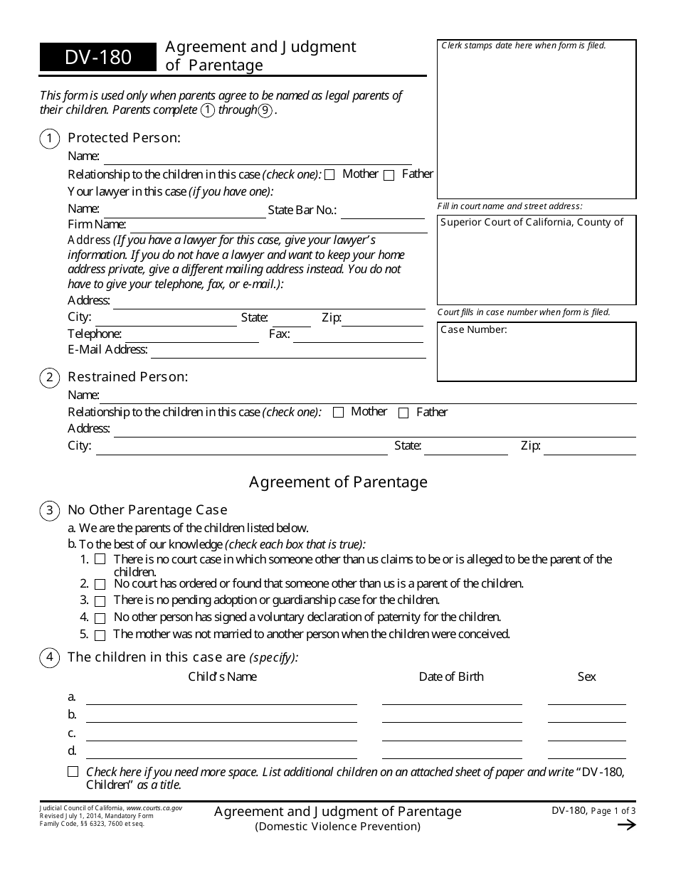 Form DV-180 Agreement and Judgment of Parentage - California, Page 1