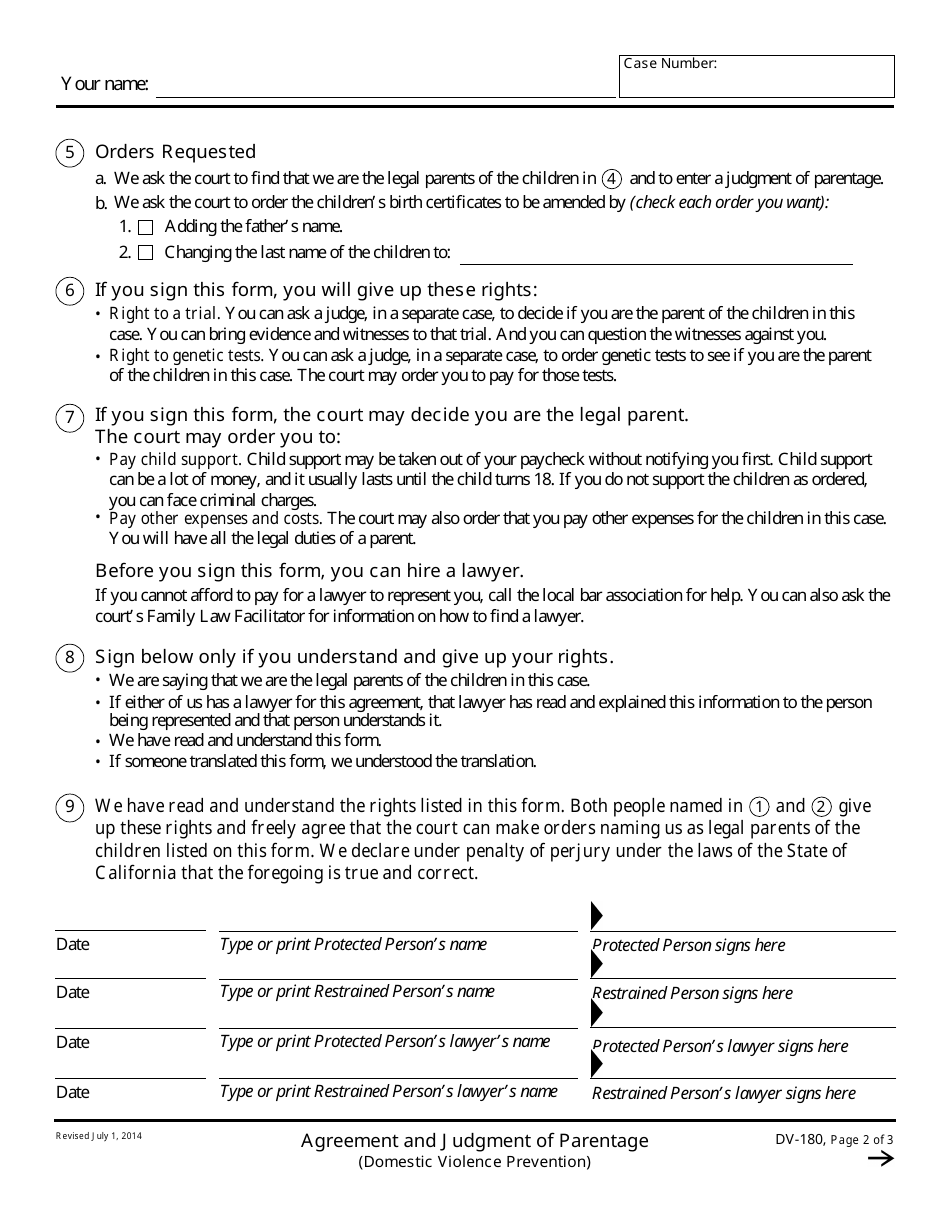 Form DV-180 Agreement and Judgment of Parentage - California, Page 2
