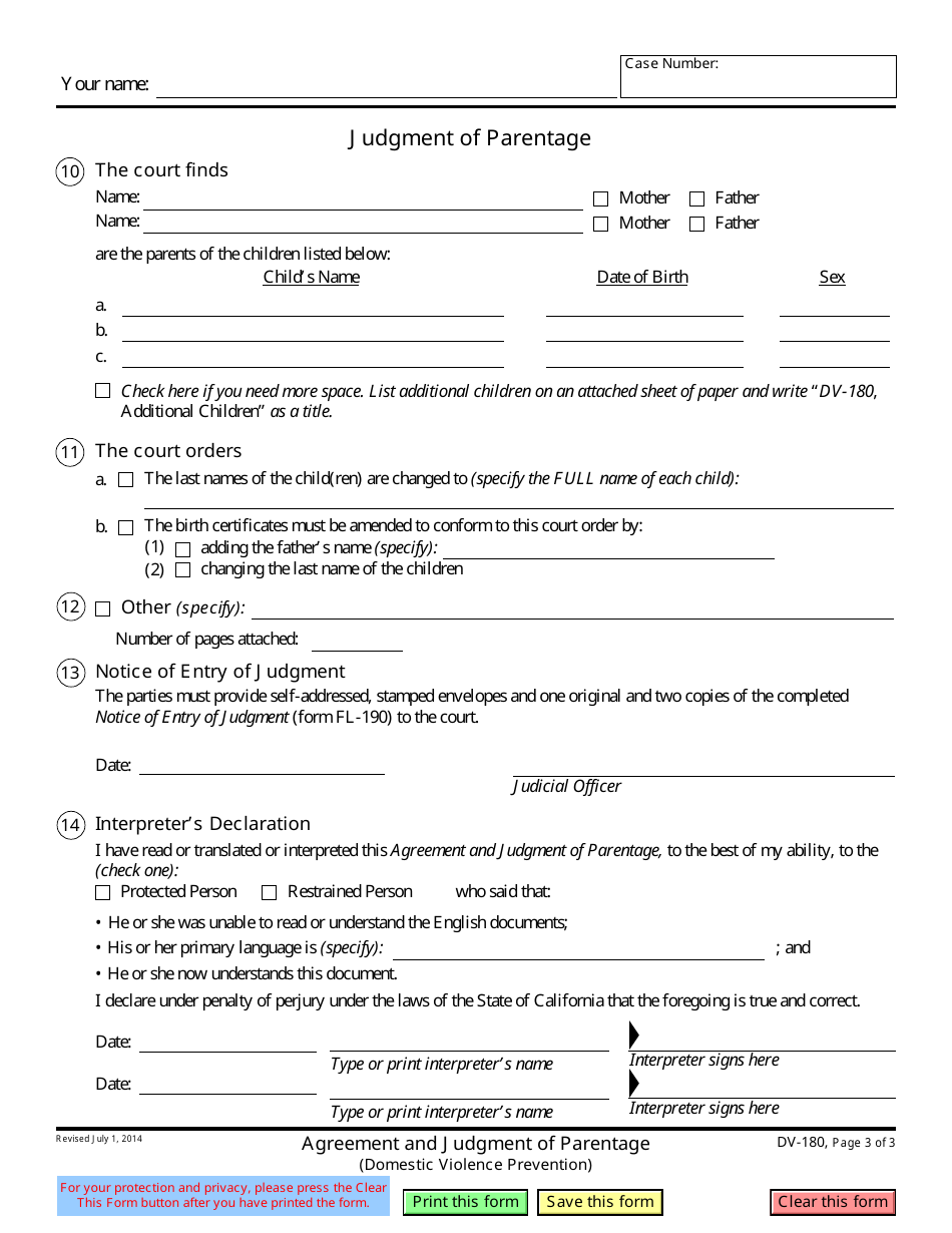 Form DV-180 Agreement and Judgment of Parentage - California, Page 3