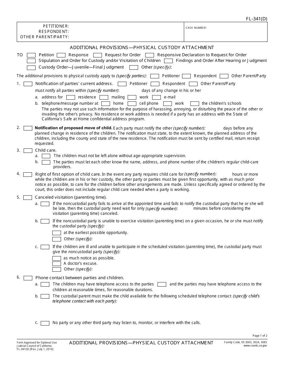 Form FL-341(D) Additional Provisions - Physical Custody Attachment - California, Page 1