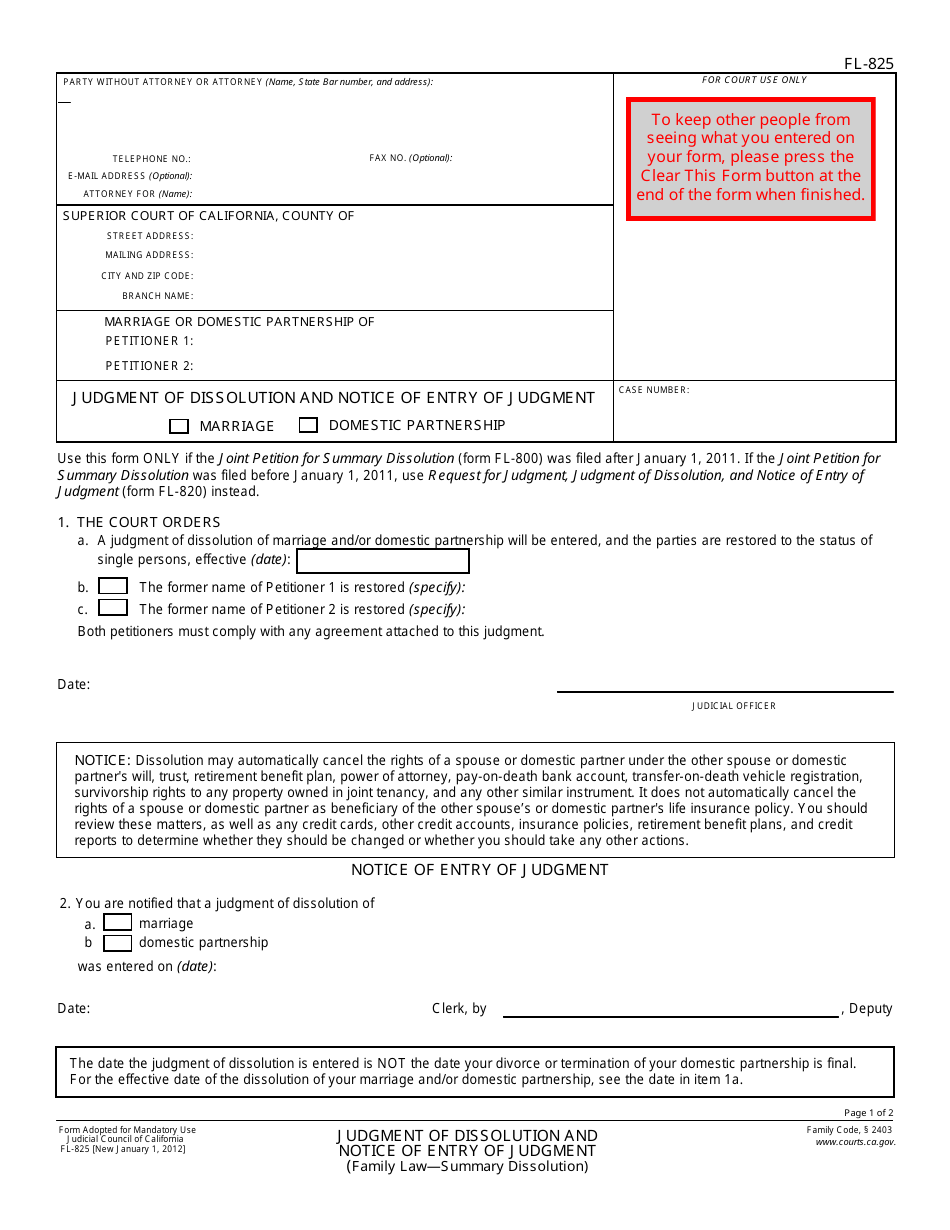Form FL-825 Judgment of Dissolution and Notice of Entry of Judgment - California, Page 1