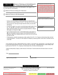 Document preview: Form DV-112 Waiver of Hearing on Denied Request for Temporary Restraining Order - California