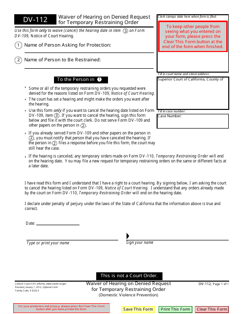 Form DV-112 Waiver of Hearing on Denied Request for Temporary Restraining Order - California