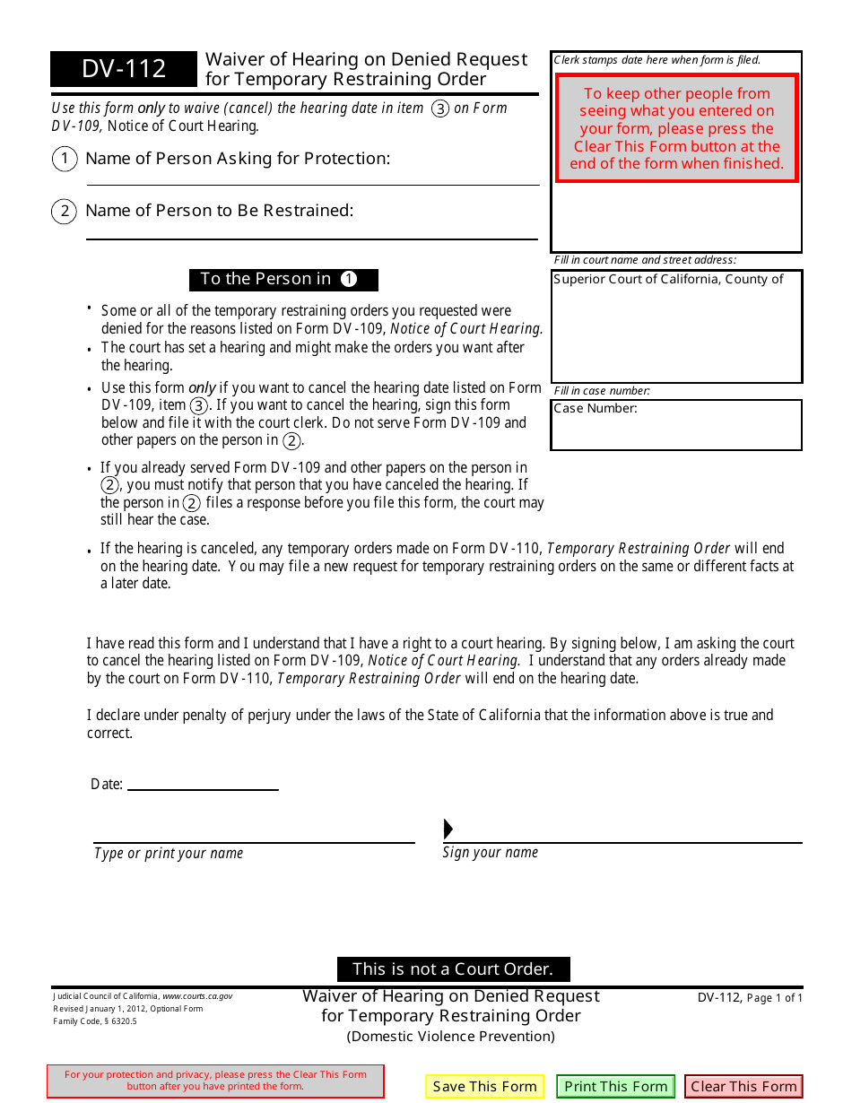 Form DV-112 Waiver of Hearing on Denied Request for Temporary Restraining Order - California, Page 1