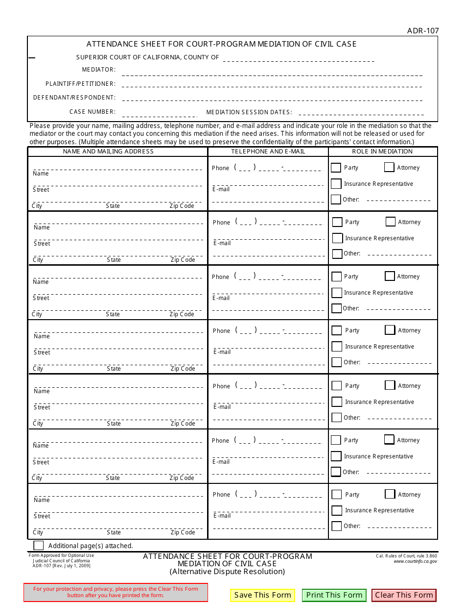 Form ADR-107 Attendance Sheet for Court-Program Mediation of Civil Case - California, Page 1