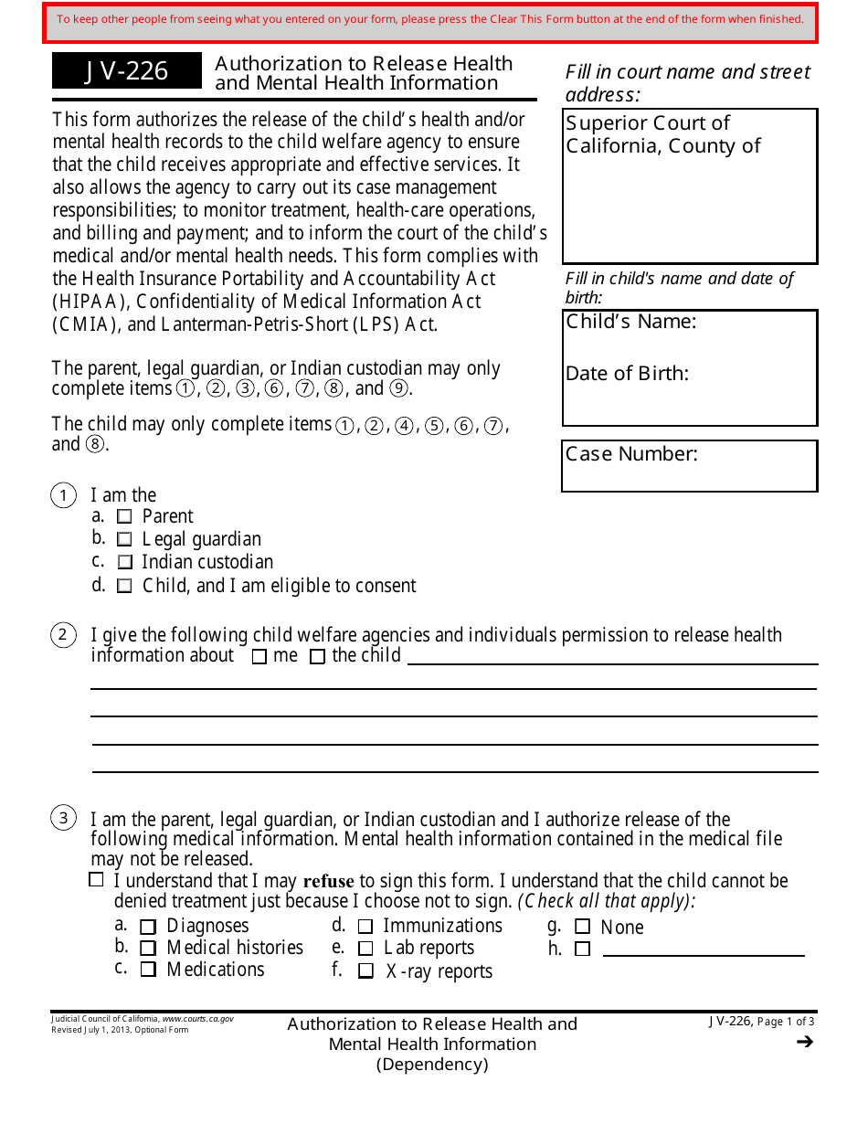 Form JV-226 Authorization to Release Health and Mental Health Information - California, Page 1