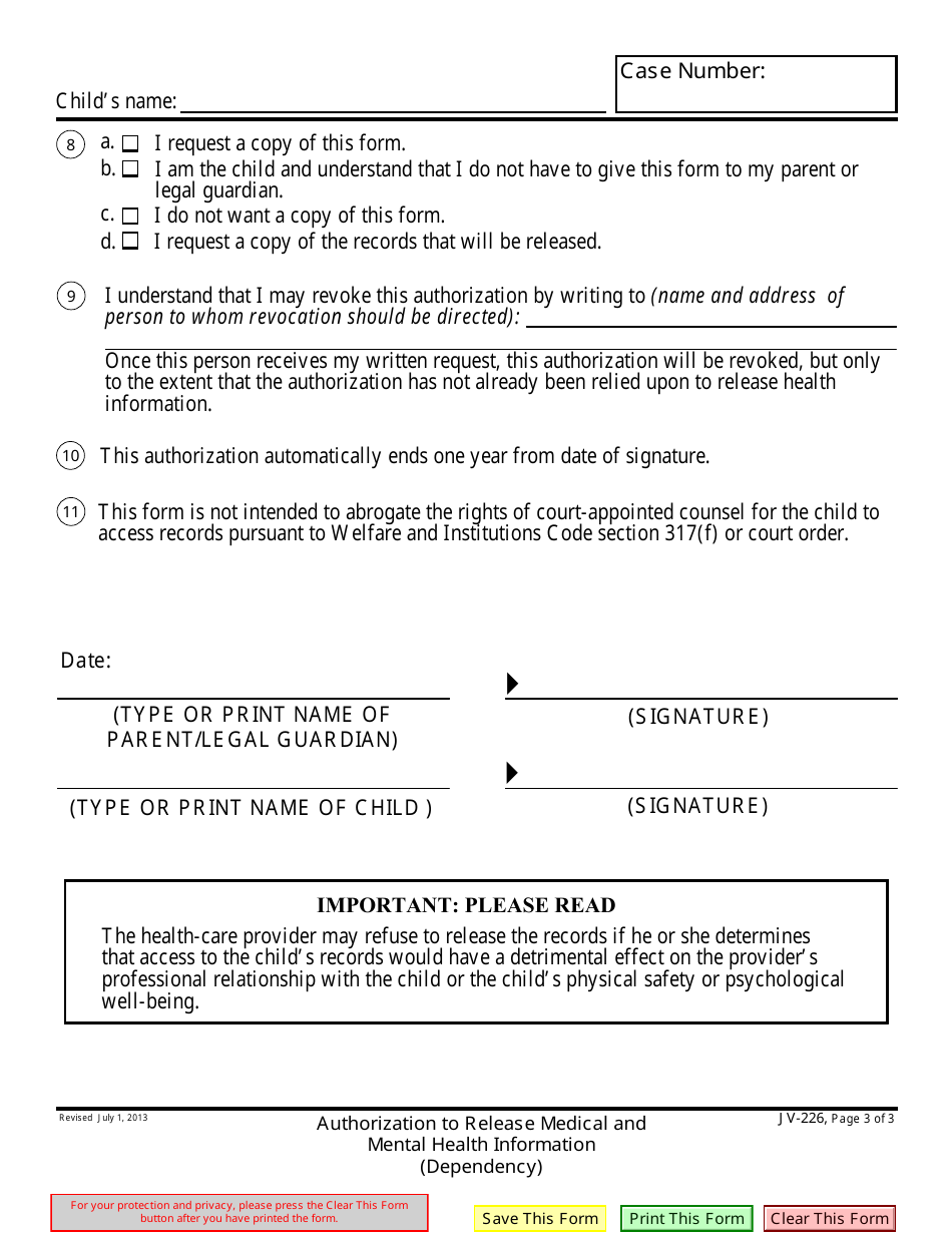 Form JV-226 Authorization to Release Health and Mental Health Information - California, Page 3