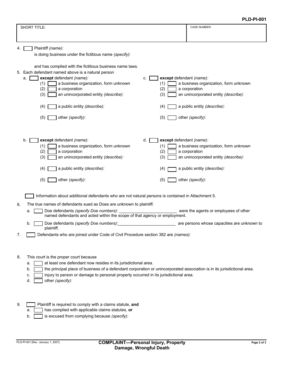 Form PLD-PI-001 Complaint - Personal Injury, Property Damage, Wrongful Death - California, Page 2