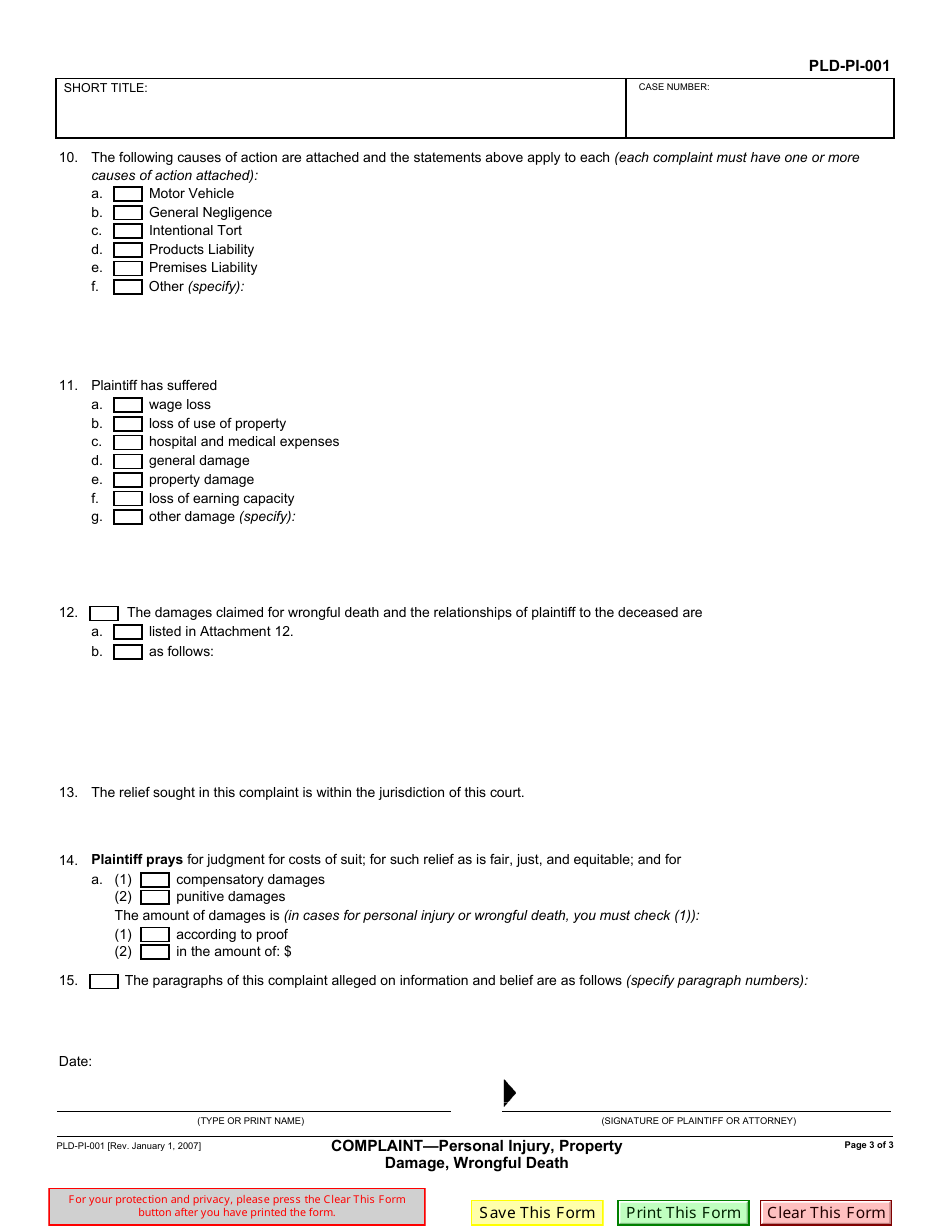 Form PLD-PI-001 Complaint - Personal Injury, Property Damage, Wrongful Death - California, Page 3