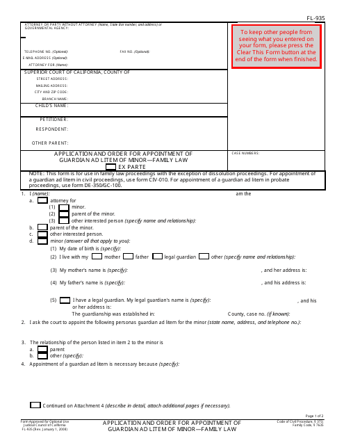 Form FL-935 Application and Order for Appointment of Guardian Ad Litem of Minor - Family Law - California