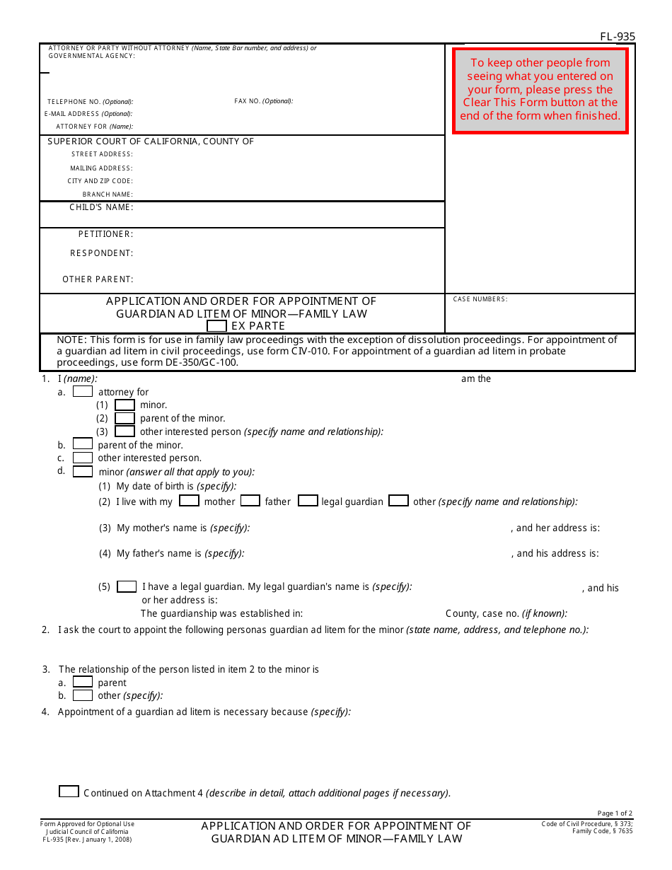 Form FL-935 Application and Order for Appointment of Guardian Ad Litem of Minor - Family Law - California, Page 1