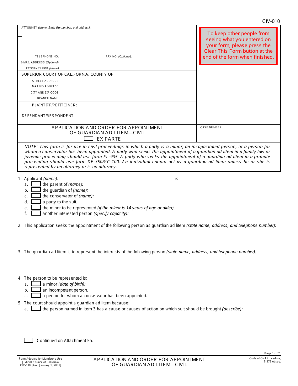 Form CIV-010 Application and Order for Appointment of Guardian Ad Litem - Civil - California, Page 1