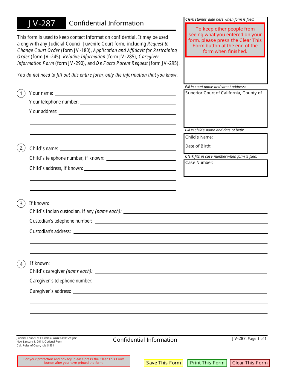Form JV-287 Confidential Information - California, Page 1