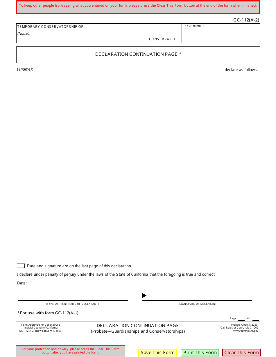 Form GC-112(A-2) Declaration Continuation Page - California, Page 1