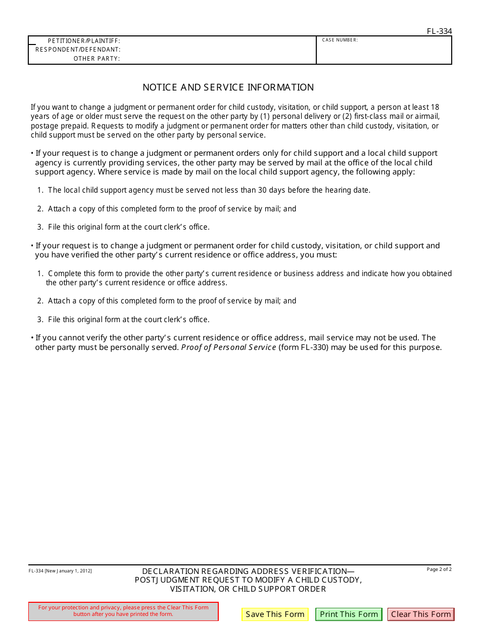 Form FL-334 Declaration Regarding Address Verification - Postjudgment Request to Modify a Child Custody, Visitation, or Child Support Order - California, Page 2