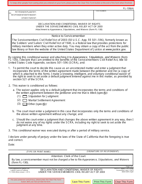 Form FL-130(A) Declaration and Conditional Waiver of Rights Under the Servicemembers Civil Relief Act of 2003 - California