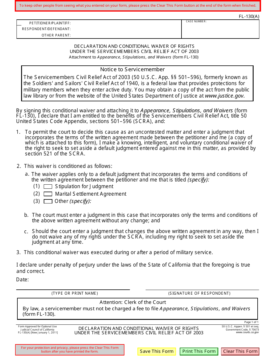 Form FL-130(A) Declaration and Conditional Waiver of Rights Under the Servicemembers Civil Relief Act of 2003 - California, Page 1